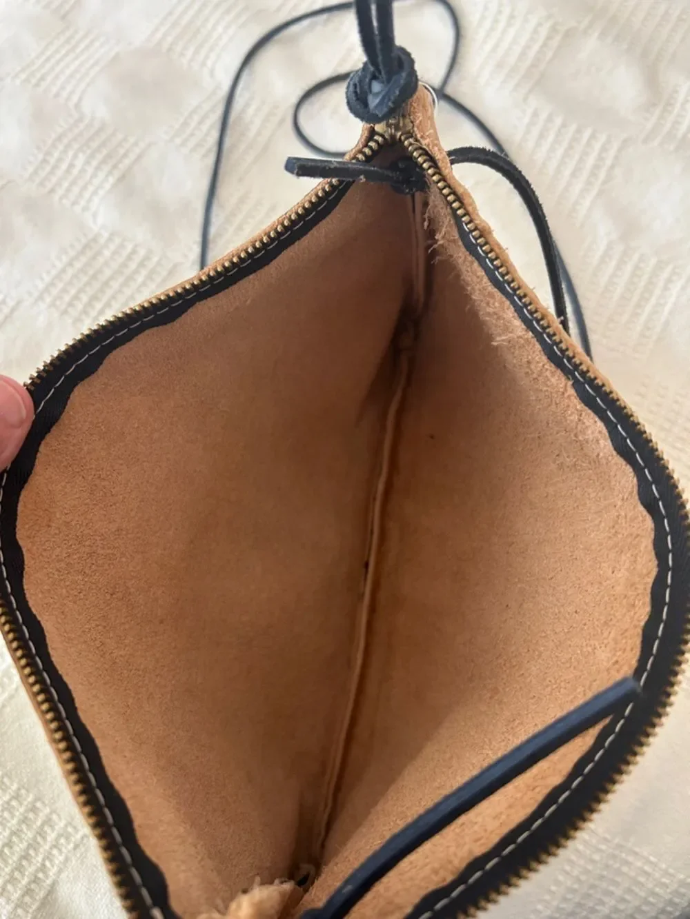 Pine & Boon leather crossbody bag soft, hand-painted leather zipper closure.